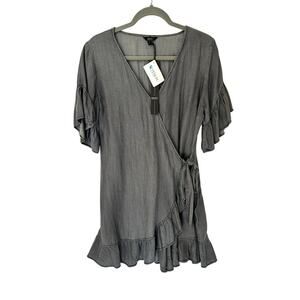 1250C Tencel Wrap Dress Women's Size L Gray Black Bell Sleeve Mini Side Tie NEW